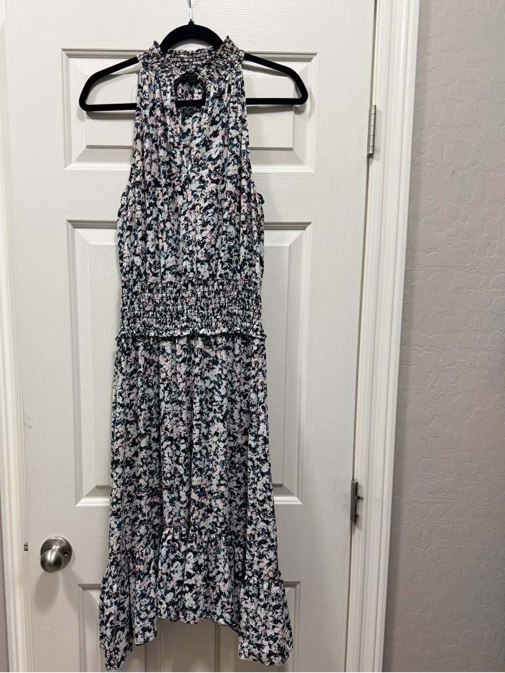 EXPRESS dress: Smocked Halter Floral Midi Dress in White and Navy